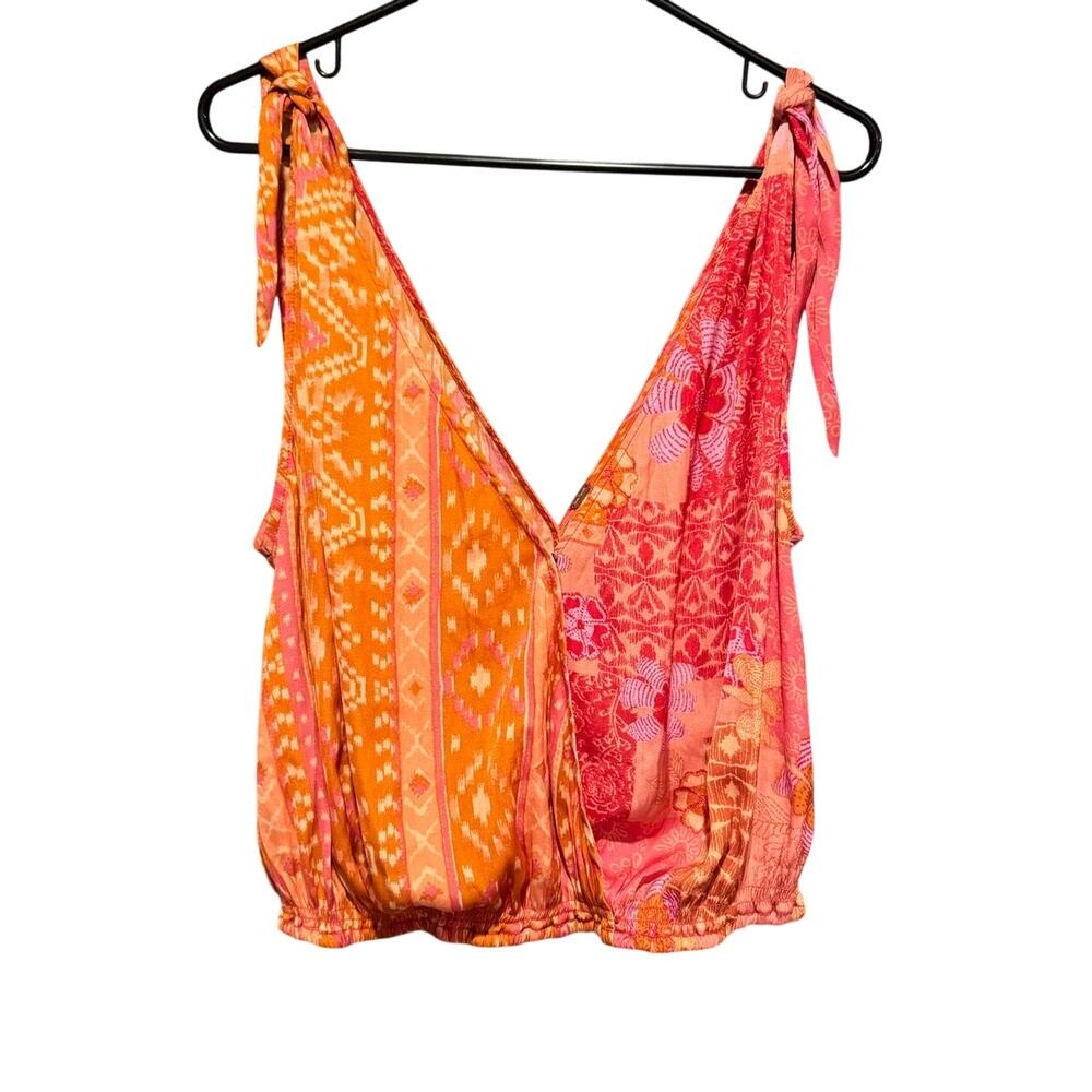 Free People Boho Patchwork Tie Shoulder Cropped Tank Orange & Pink Women's M